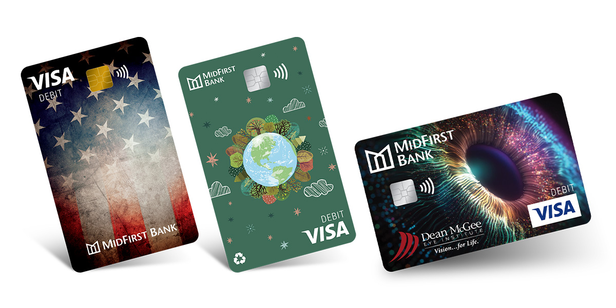 Image of East First Bank's Patriotic Card, Earth Card, and Eye Care Card.